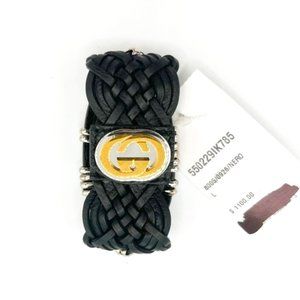 Gucci Marina Black Leather Braided GG Authenticated Bracelet